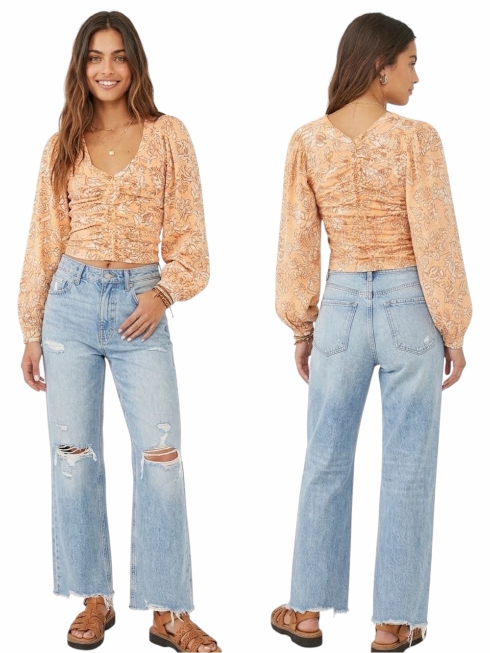 NWT Free People Say The Word Ruched Crop Floral Blouse Top Medium M Orange Combo